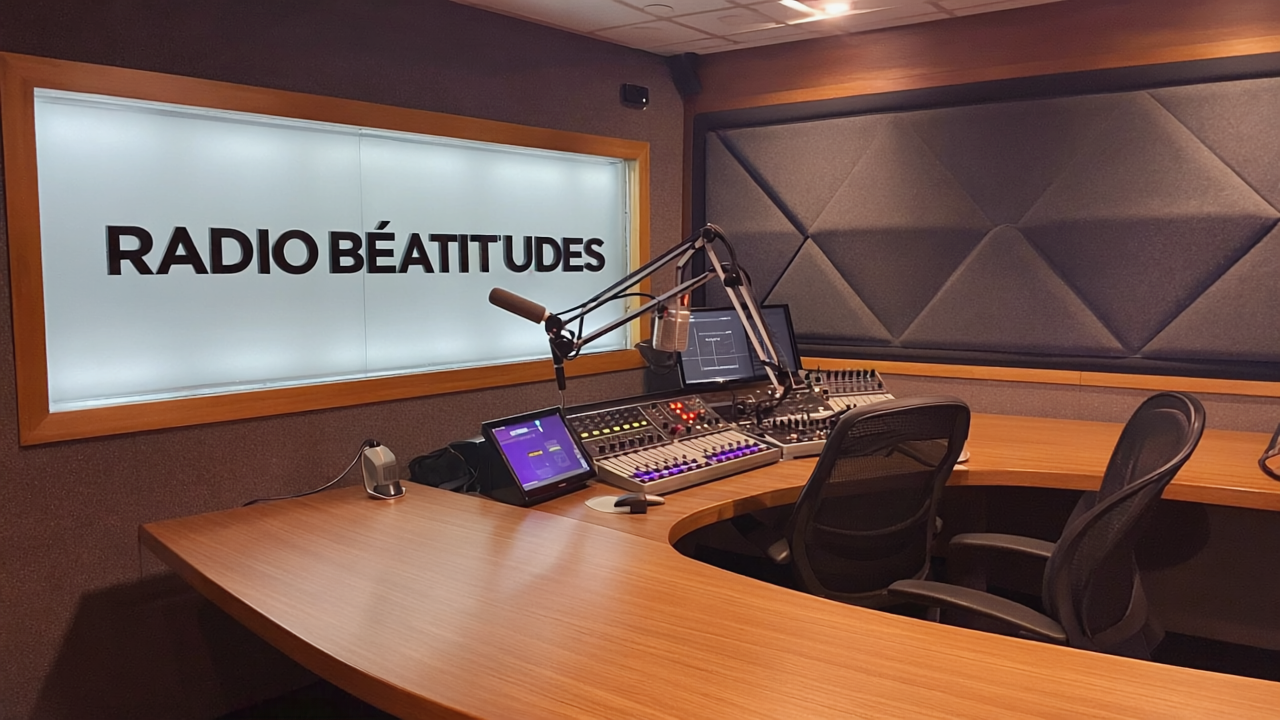 A-radio-studio-for-Radio-Beatitudes-with-a-background-describing-Radio-Beatitudes-featuring-warm-lighting-professional-microphones-soundproofing-panels-and-subtle-branding-elements-in-a- Radio